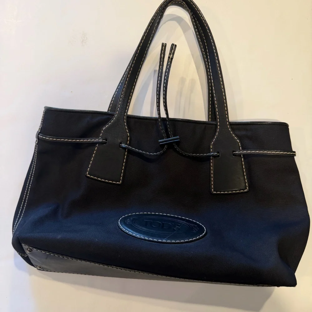 Tod’s Black Nylon Leather Trim Tote Bag Designer Luxury Shoulder Bag